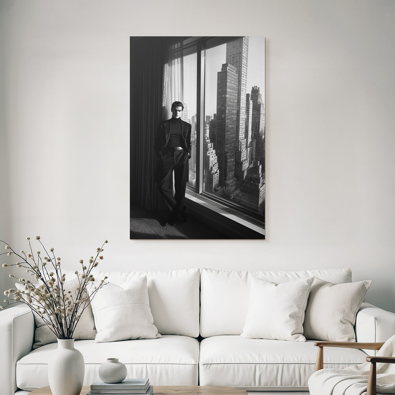 Monochrome Fashion Model Standing By Window With City Skyline