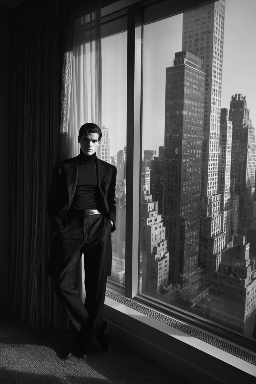 Monochrome Fashion Model Standing By Window With City Skyline | Mode und Stil | Menschen und Emotionen