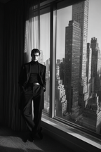 Monochrome Fashion Model Standing By Window With City Skyline | Mode und Stil | Menschen und Emotionen