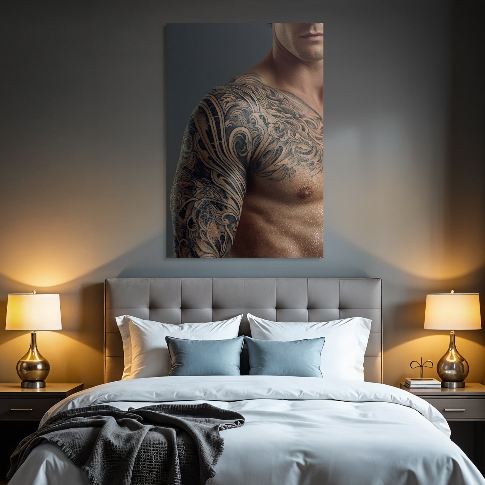 Muscular Arm With Intricate Tattoos Damp Skin Gray Background