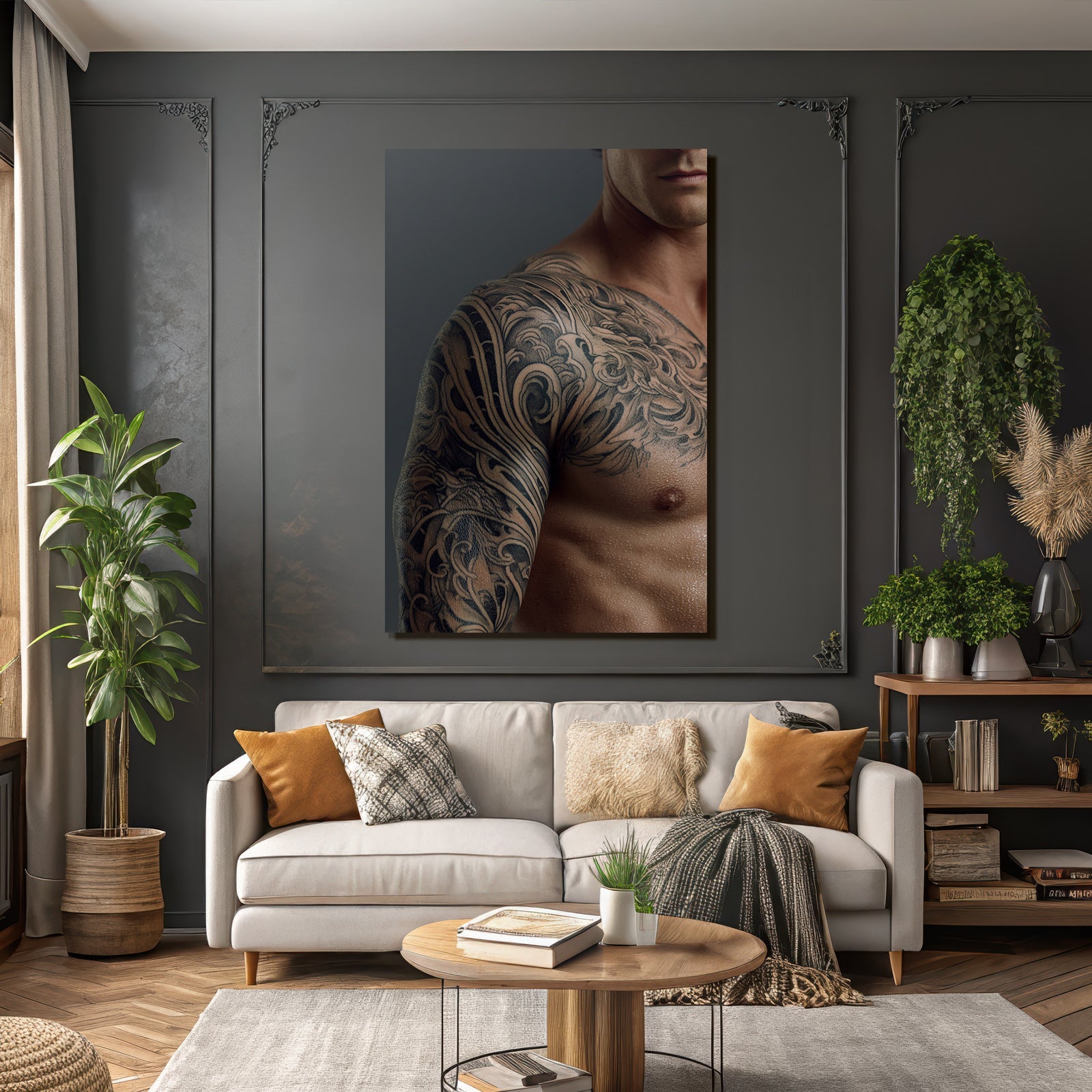 Muscular Arm With Intricate Tattoos Damp Skin Gray Background