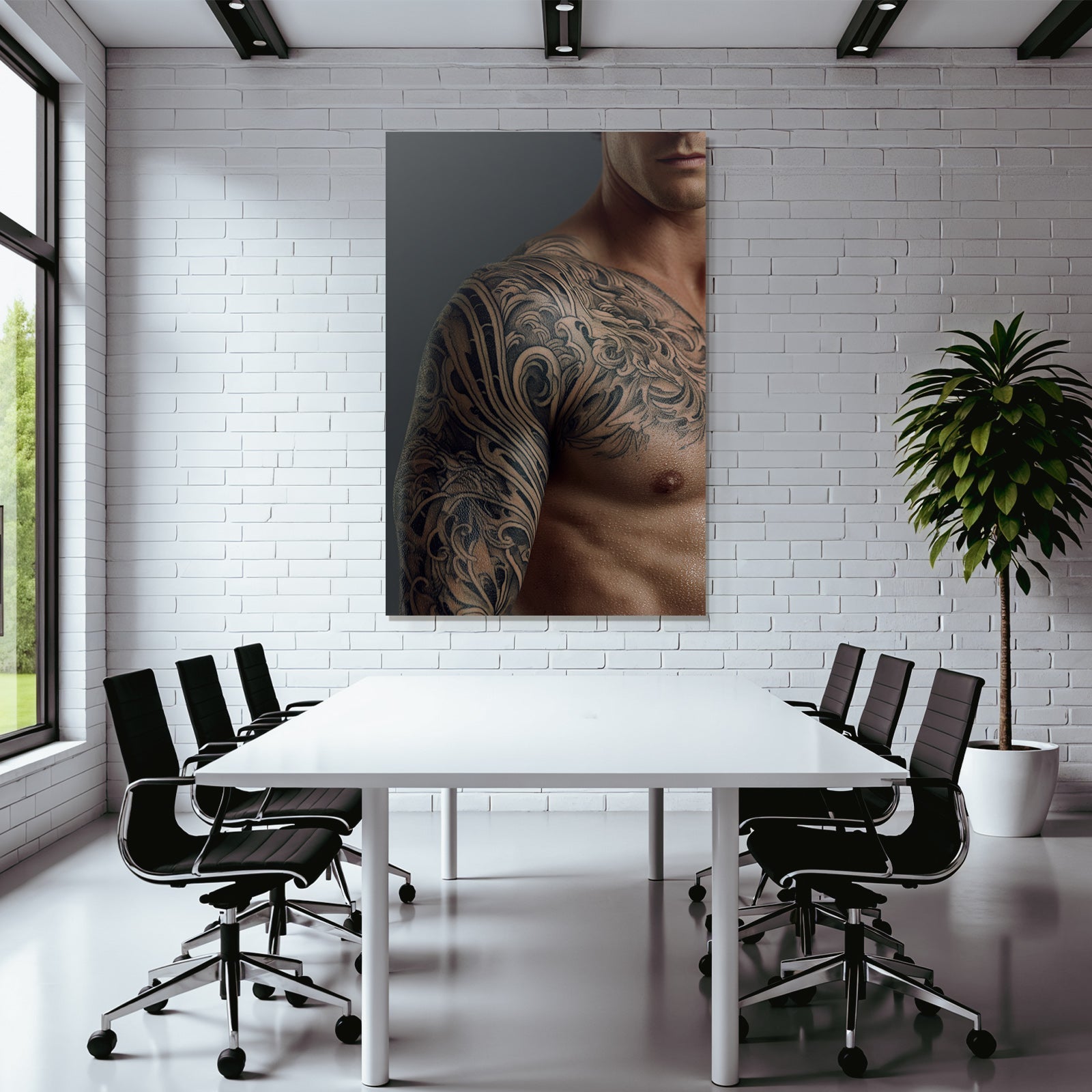 Muscular Arm With Intricate Tattoos Damp Skin Gray Background