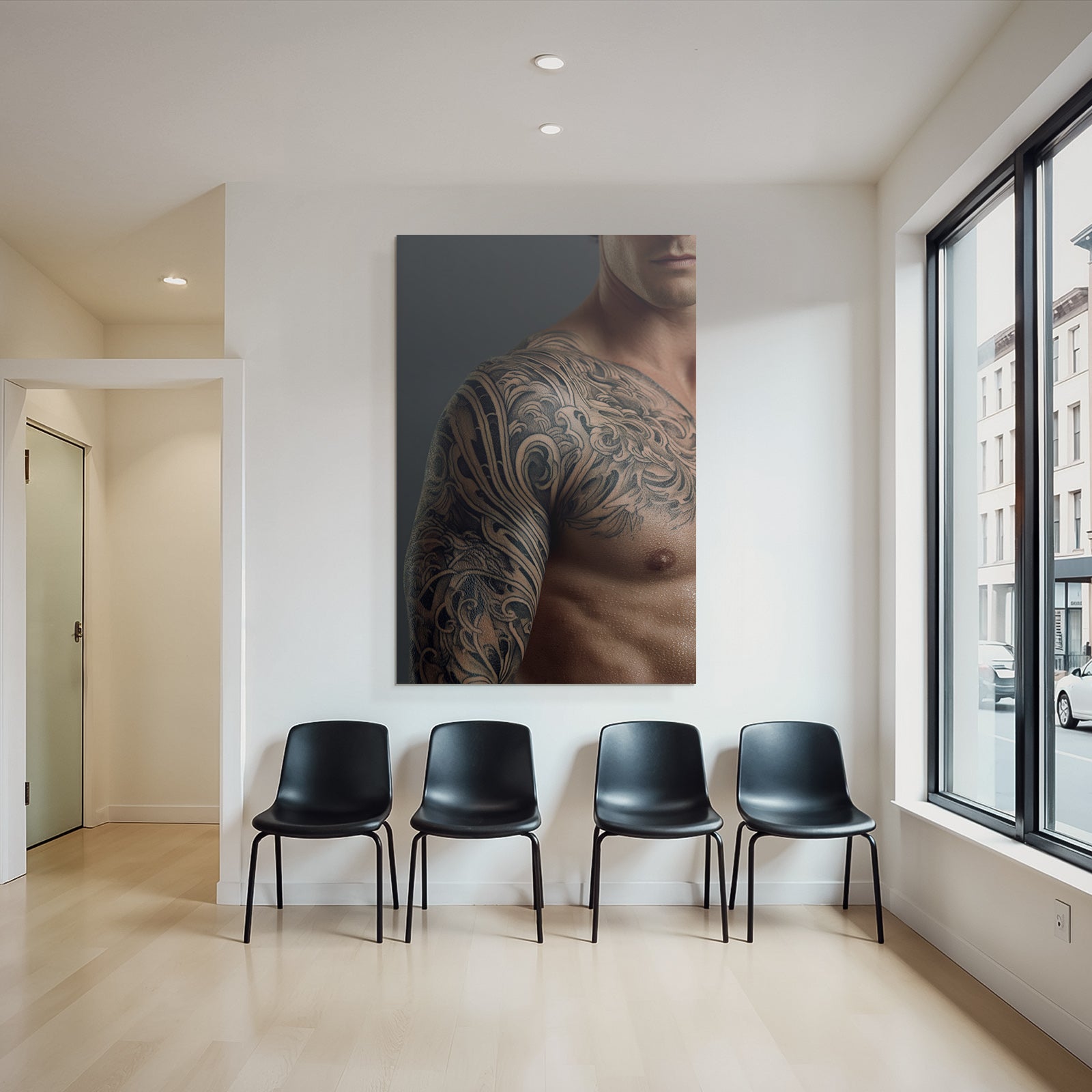 Muscular Arm With Intricate Tattoos Damp Skin Gray Background