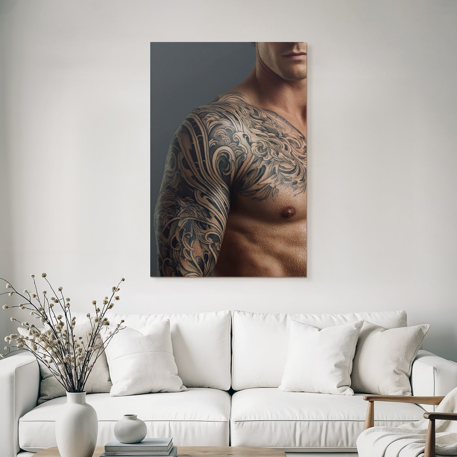 Muscular Arm With Intricate Tattoos Damp Skin Gray Background