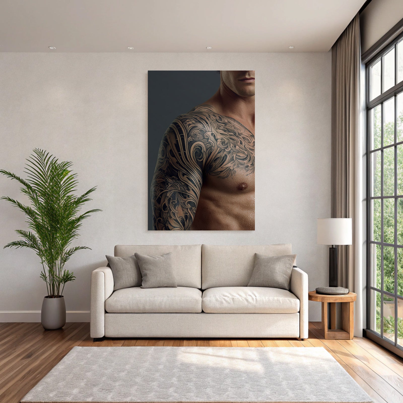 Muscular Arm With Intricate Tattoos Damp Skin Gray Background