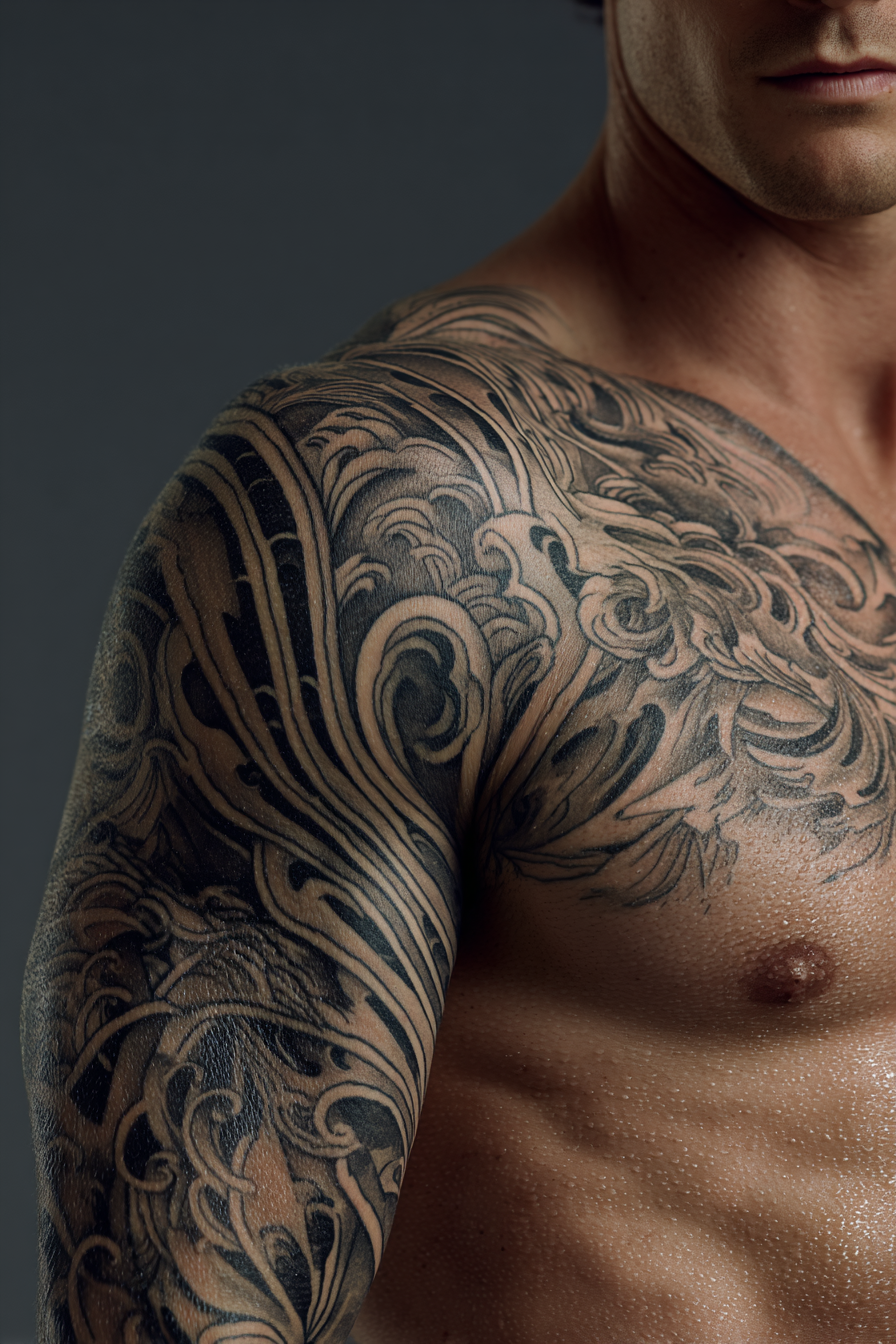 Muscular Arm With Intricate Tattoos Damp Skin Gray Background | Mode und Stil | Menschen und Emotionen