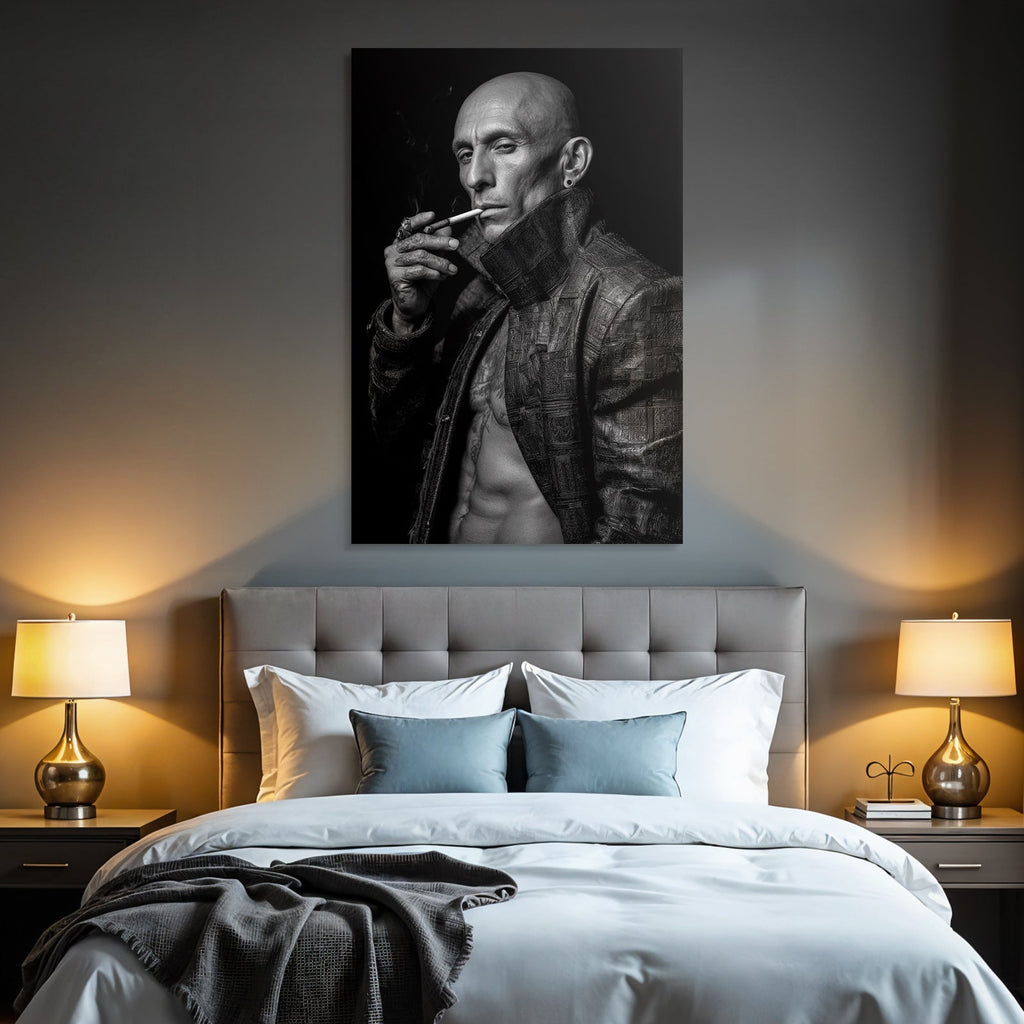 Muscular Bald Man Textured Jacket Smoking Cigarette Intense Black White Photo