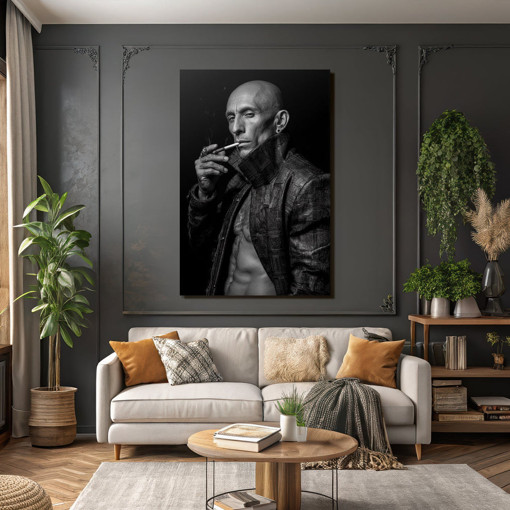 Muscular Bald Man Textured Jacket Smoking Cigarette Intense Black White Photo