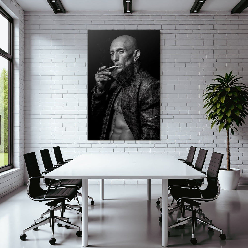Muscular Bald Man Textured Jacket Smoking Cigarette Intense Black White Photo