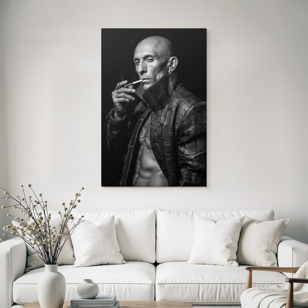 Muscular Bald Man Textured Jacket Smoking Cigarette Intense Black White Photo