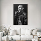 Muscular Bald Man Textured Jacket Smoking Cigarette Intense Black White Photo
