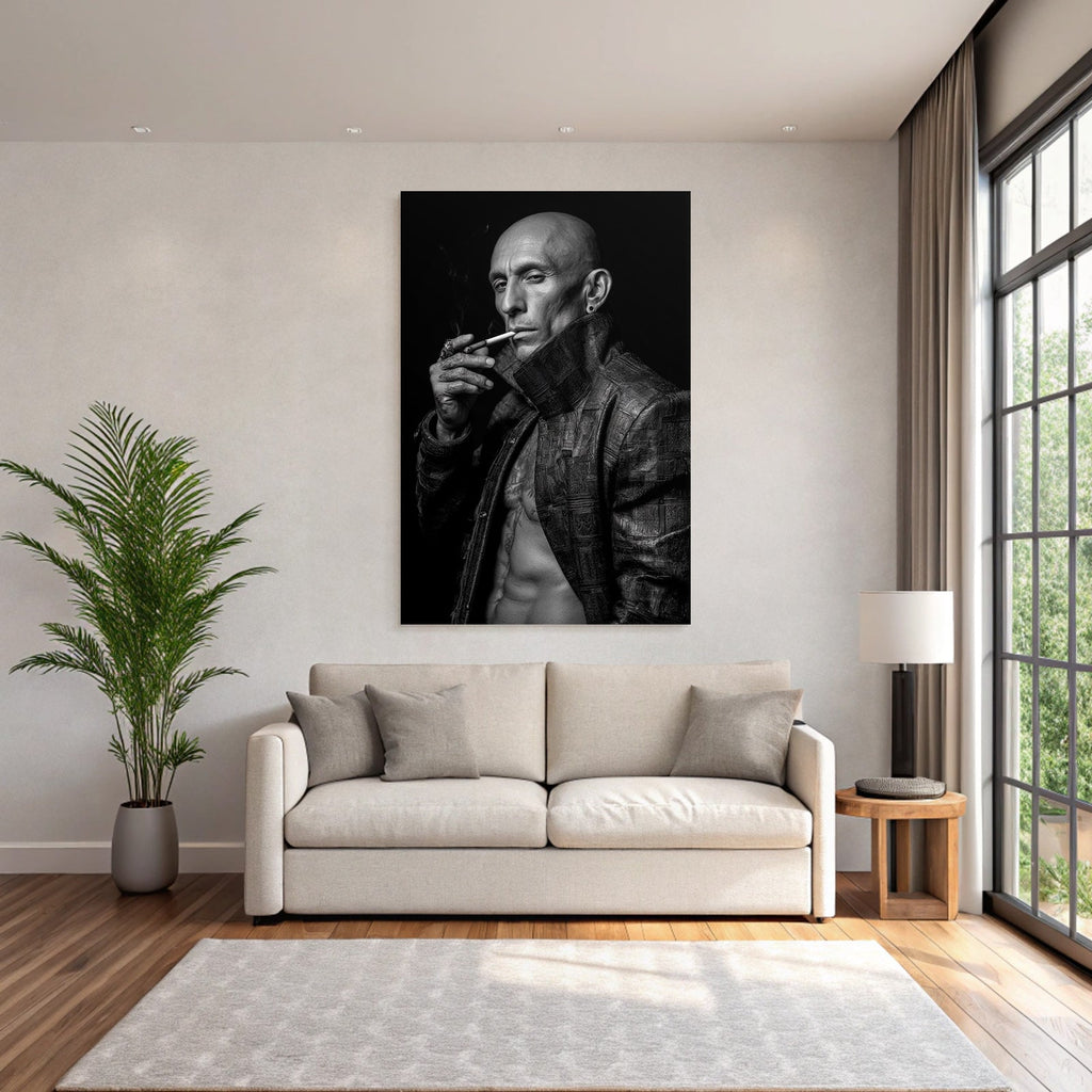 Muscular Bald Man Textured Jacket Smoking Cigarette Intense Black White Photo
