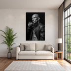 Muscular Bald Man Textured Jacket Smoking Cigarette Intense Black White Photo