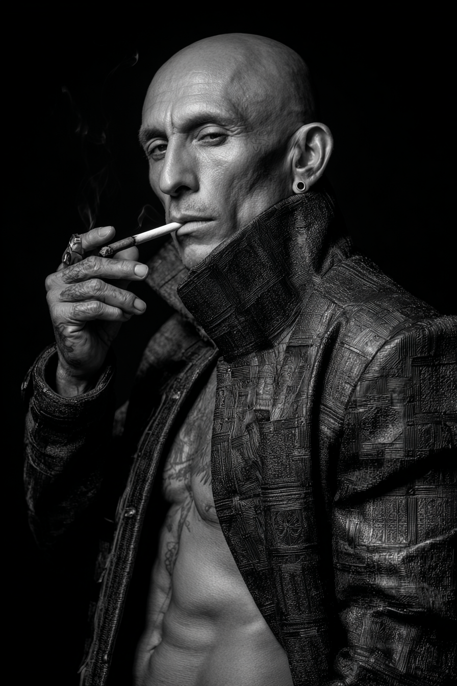 Muscular Bald Man Textured Jacket Smoking Cigarette Intense Black White Photo | Mode und Stil | Menschen und Emotionen