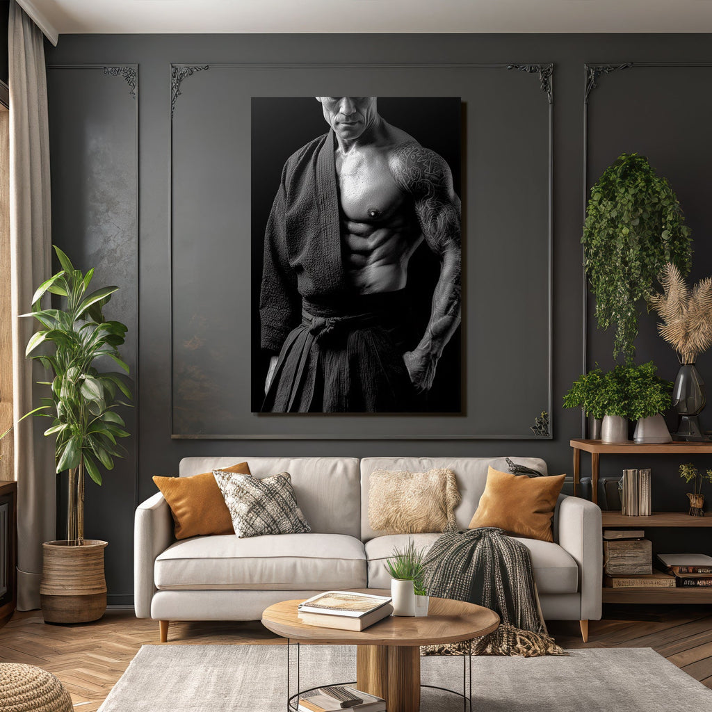 Muscularer Torso Martial Artist Tattoos Traditionelle Kampfsportkleidung