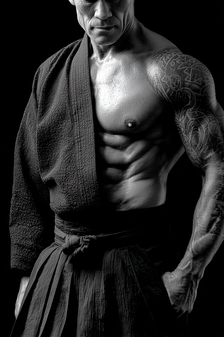 Muscularer Torso Martial Artist Tattoos Traditionelle Kampfsportkleidung | Mode und Stil | Menschen und Emotionen