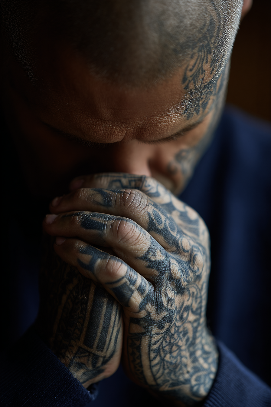 Naheaufnahme Von Person Mit Glatt Geschorenem Kopf Und Tattowierten Händen | Mode und Stil | Menschen und Emotionen