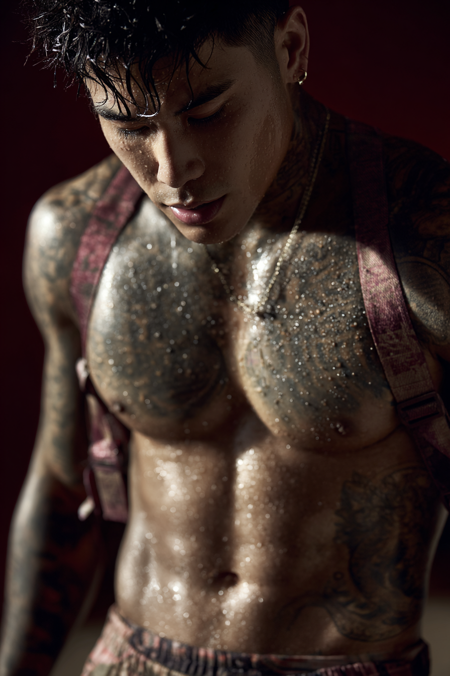 Naheaufnahme Von Person Mit Tattoos Und Glitzerndem Wasser Auf Der Haut | Mode und Stil | Menschen und Emotionen