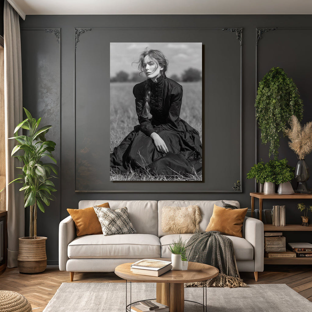 Person In Kleidung Vintage Auf Feld Sitzend Nachdenklich