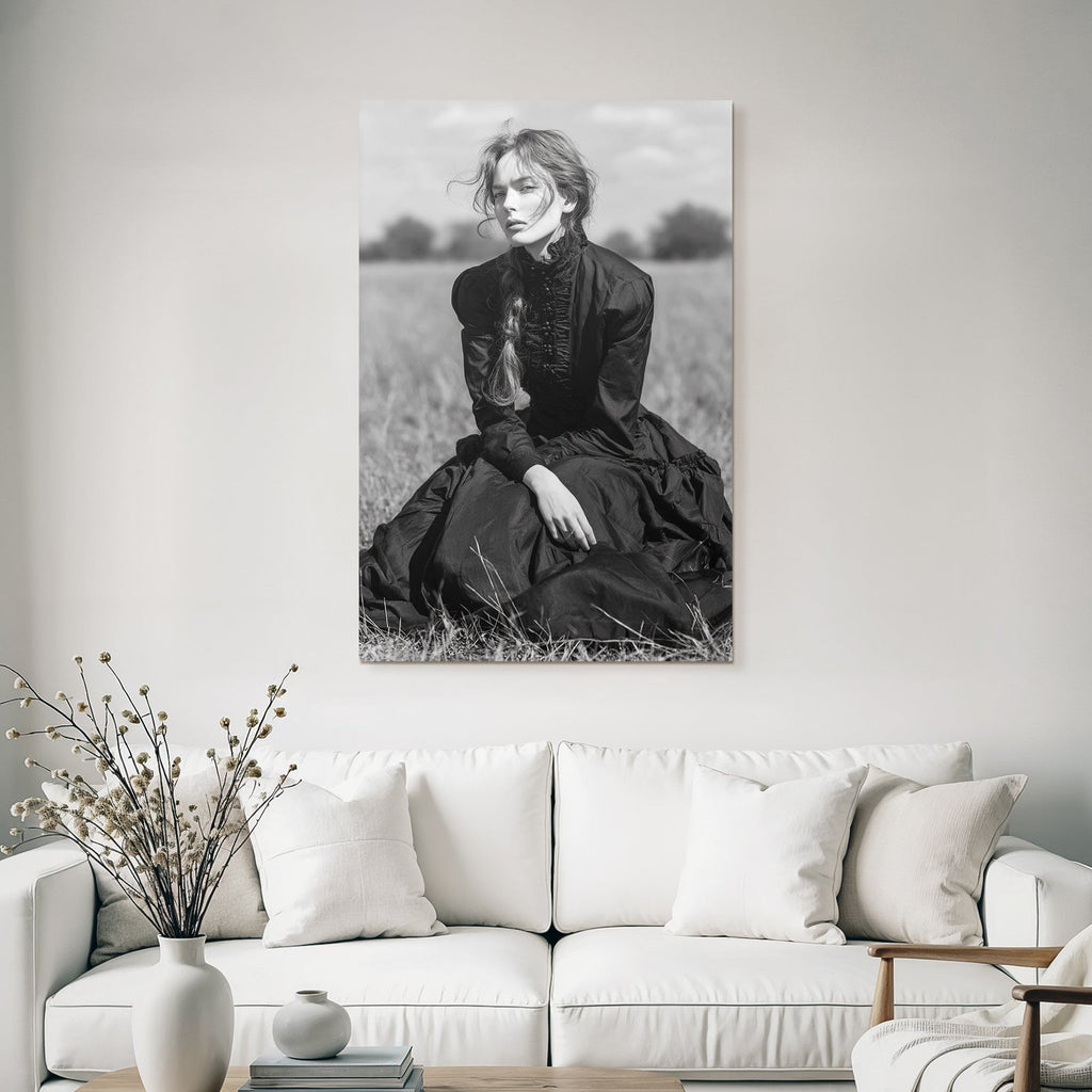 Person In Kleidung Vintage Auf Feld Sitzend Nachdenklich
