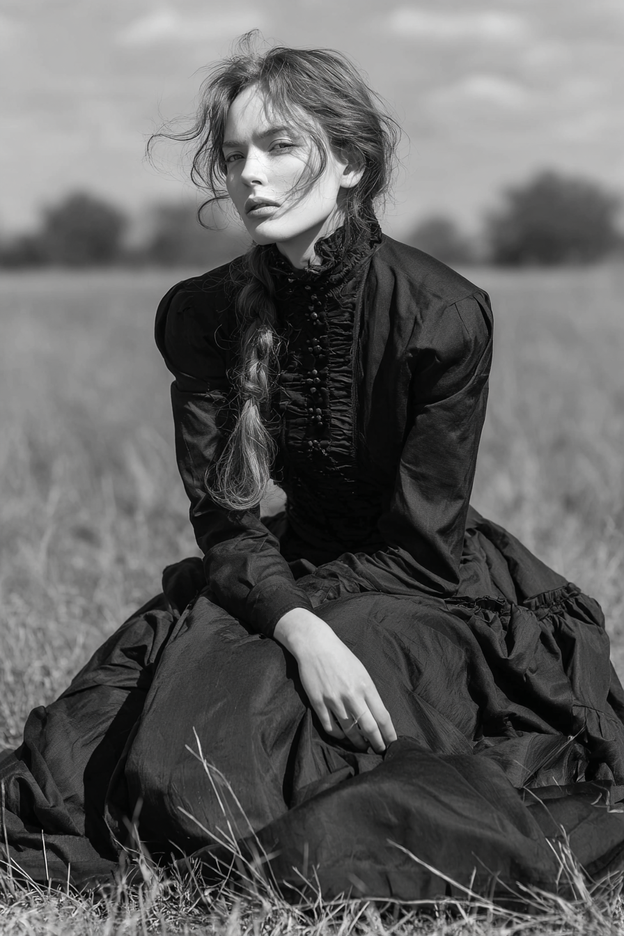 Person In Kleidung Vintage Auf Feld Sitzend Nachdenklich | Mode und Stil | Menschen und Emotionen