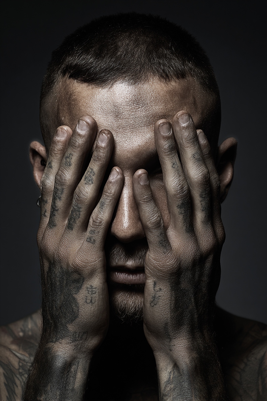 Person Mit Tattoos Hande Über Gesicht Dramatische Beleuchtung Emotionale Stimmung | Mode und Stil | Menschen und Emotionen