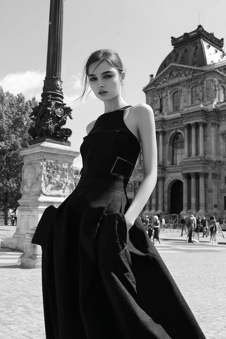 Stylische Fashion Fotografie Mit Modell Vor Architektonischem Hintergrund Schwarz Weiss | Mode und Stil | Menschen und Emotionen