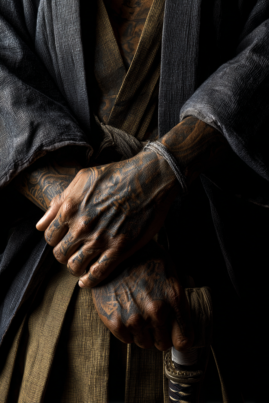 Traditionelle Attire Hände Mit Tattoos Und Schwert | Mode und Stil | Menschen und Emotionen