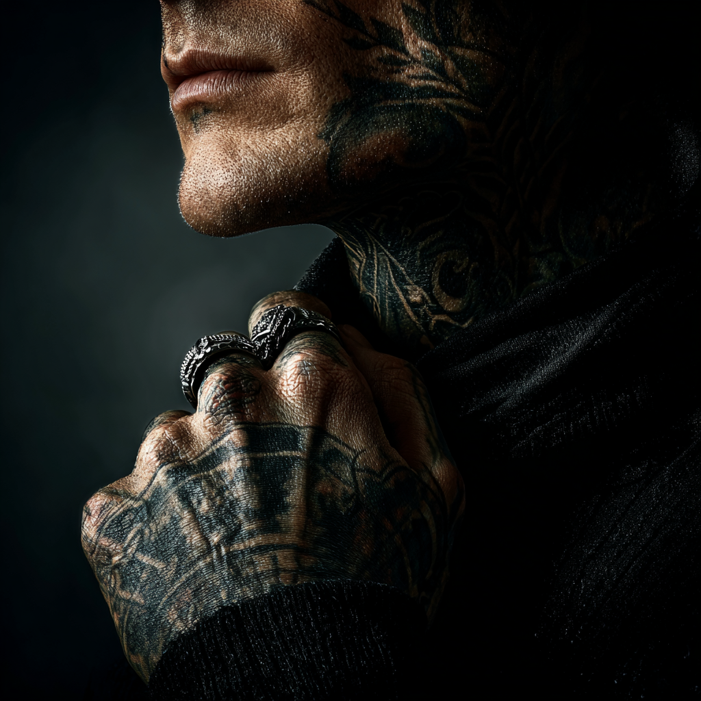 Nahaufnahme Der Hand Und Gesicht Detailreiche Tattoos Dramatische Beleuchtung | Mode und Stil | Menschen und Emotionen