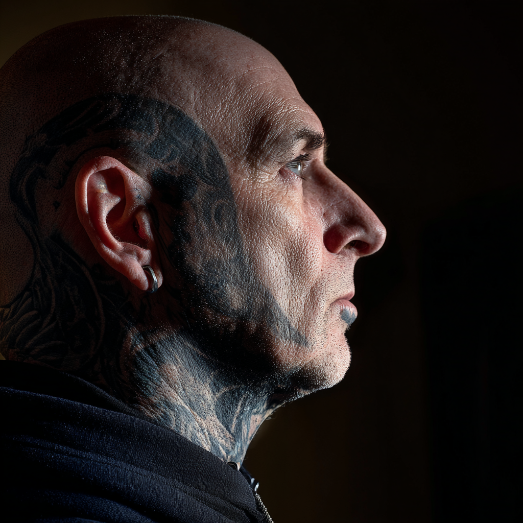 Porträt Einer Person Mit Rasierter Kopf Und Prominenten Tattoos | Mode und Stil | Menschen und Emotionen
