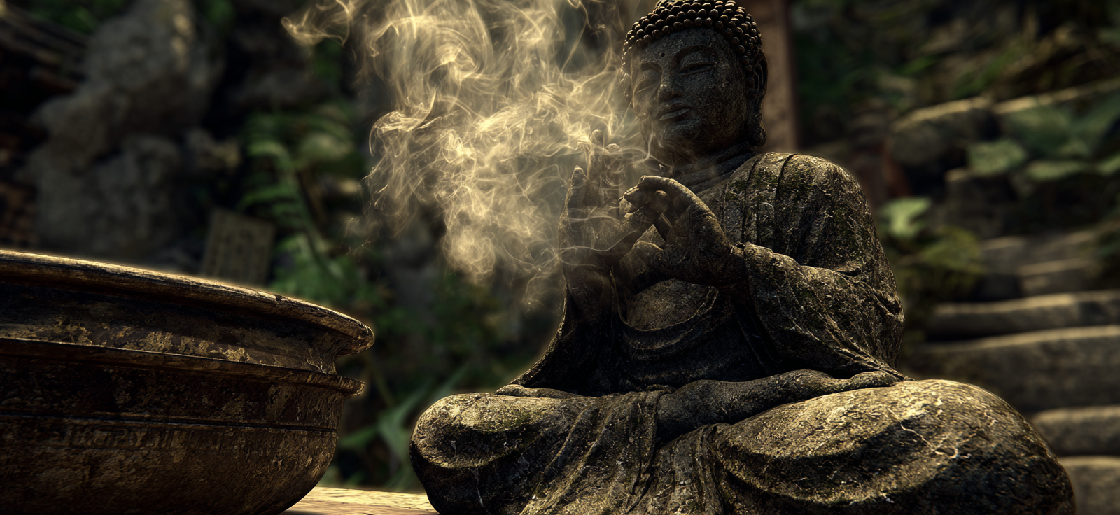 Buddha Statü Umgeben Von Natur Mit Rauch Im Hintergrund | Mode und Stil | Menschen und Emotionen