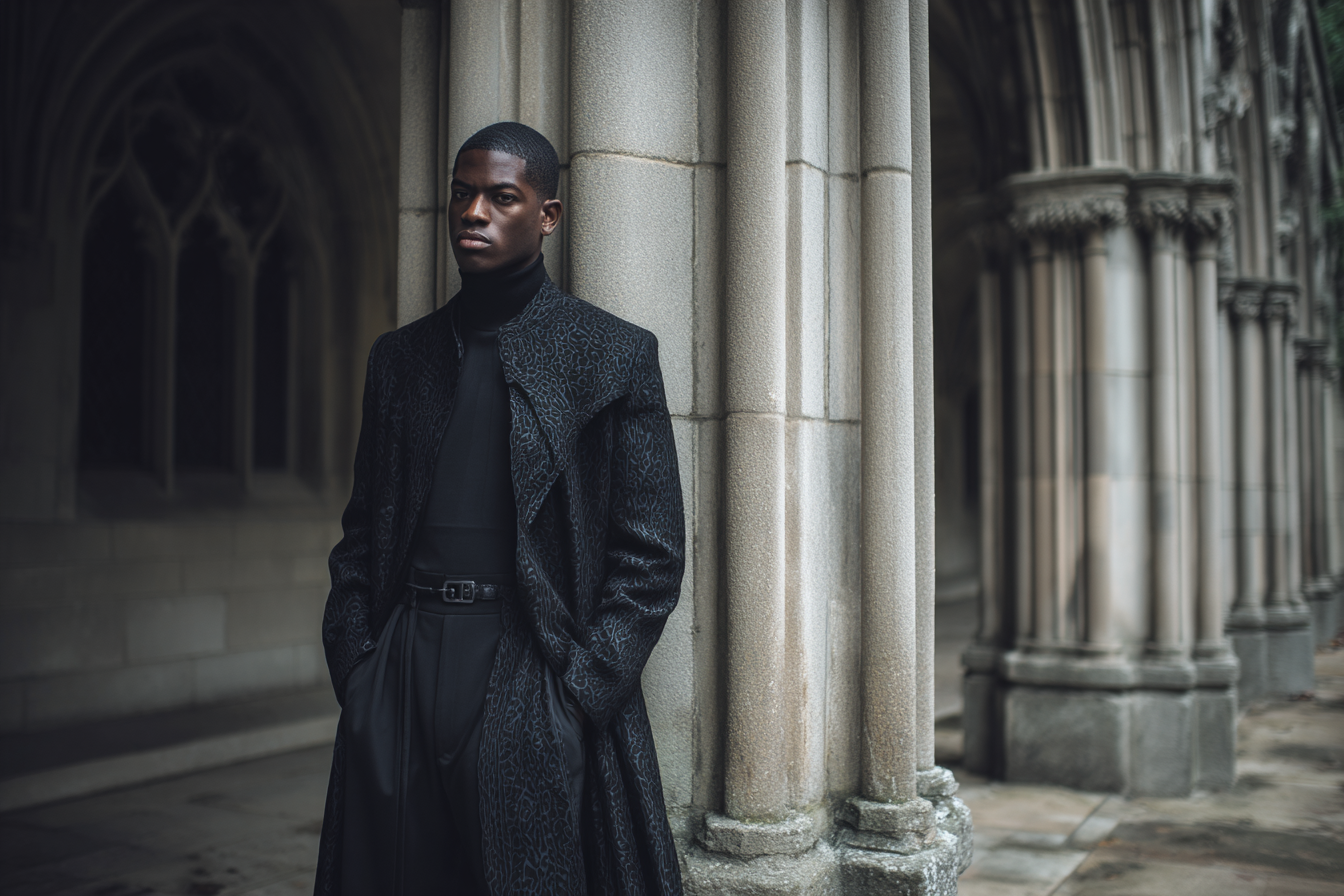 Elegante Person In Stilvollen Dunklen Kleidern Vor Einer Gothischen Säule | Mode und Stil | Menschen und Emotionen
