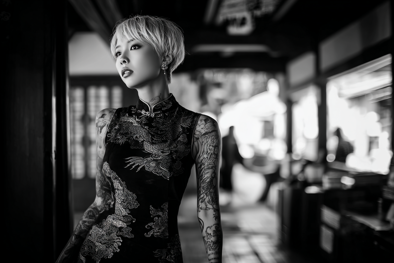 Frau In Qipao Tattoo Architektonische Umgebung Bw | Mode und Stil | Menschen und Emotionen