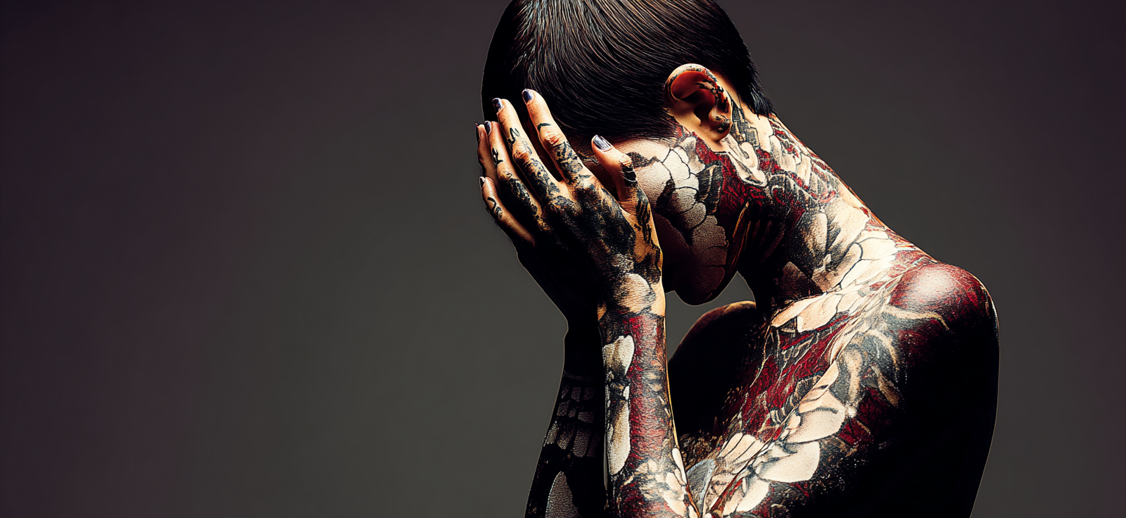 Intrikate Tattoos Model Emotion Dunkler Hintergrund | Mode und Stil | Menschen und Emotionen