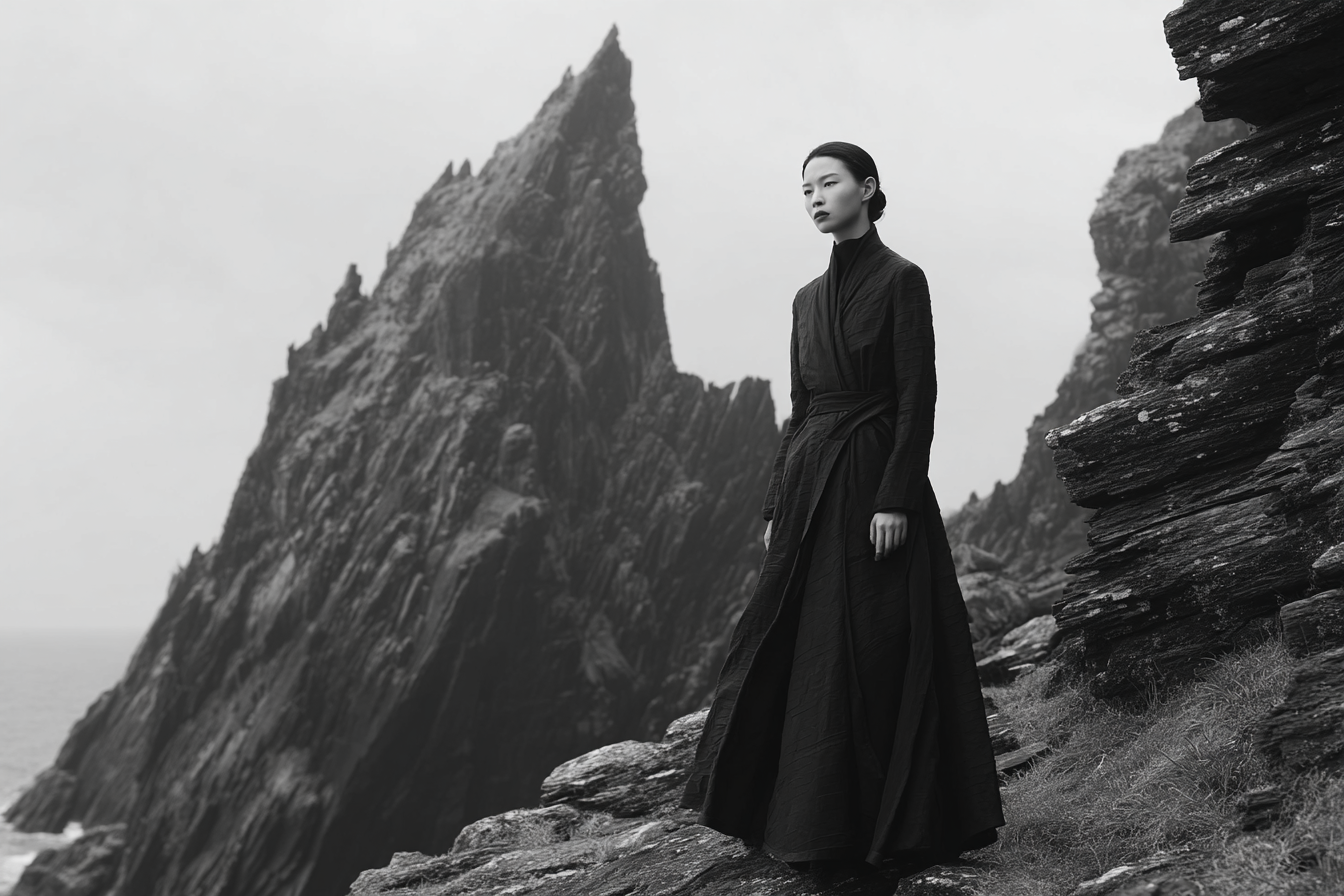 Lange Dunkle Gestalt Auf Felsigem Terrain Bei Küste Schwarz Weiss | Mode und Stil | Menschen und Emotionen