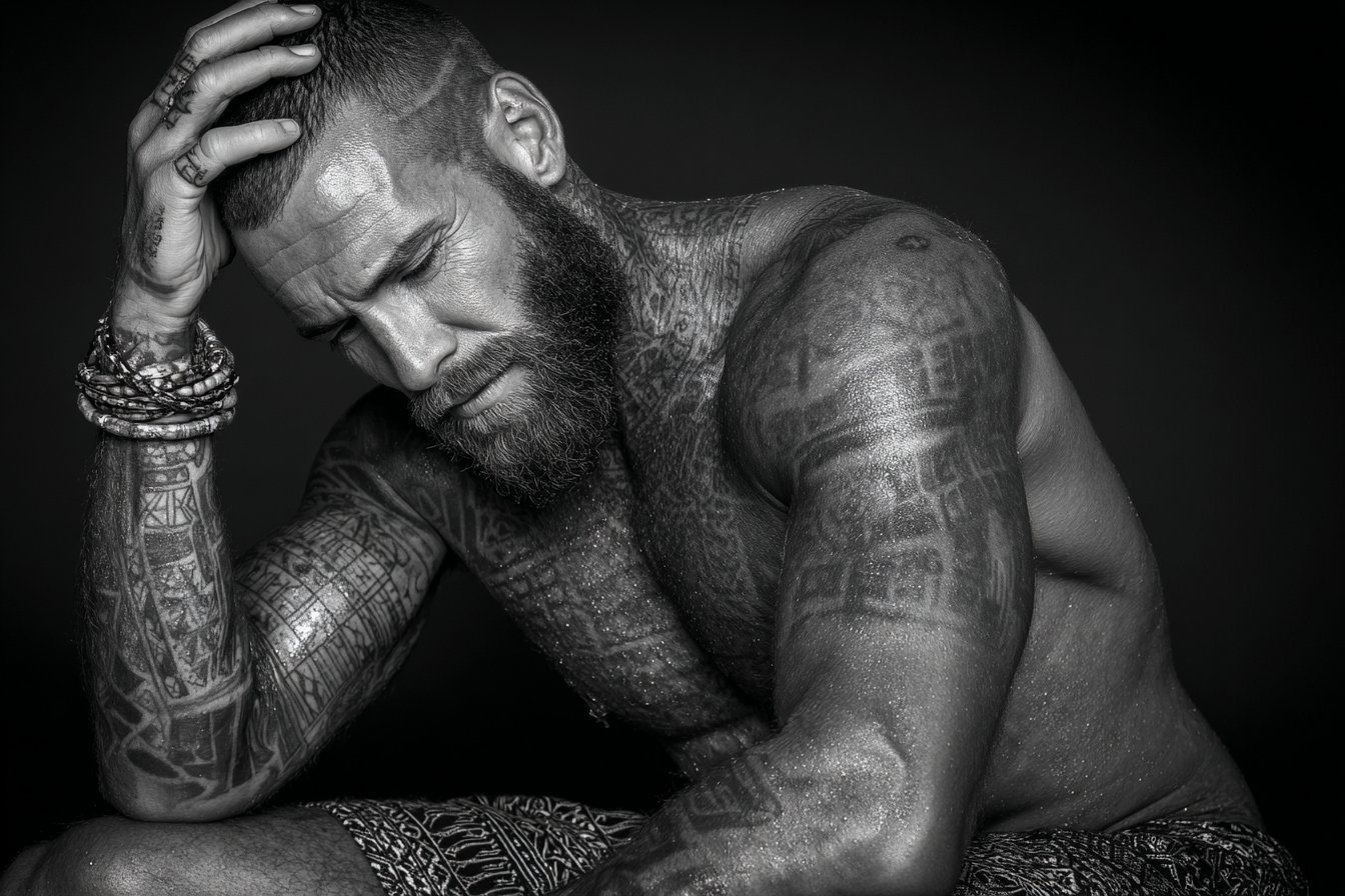 Männlicher Tätowierter Mit Beard Betrachtend Lichtspiel Sw | Mode und Stil | Menschen und Emotionen