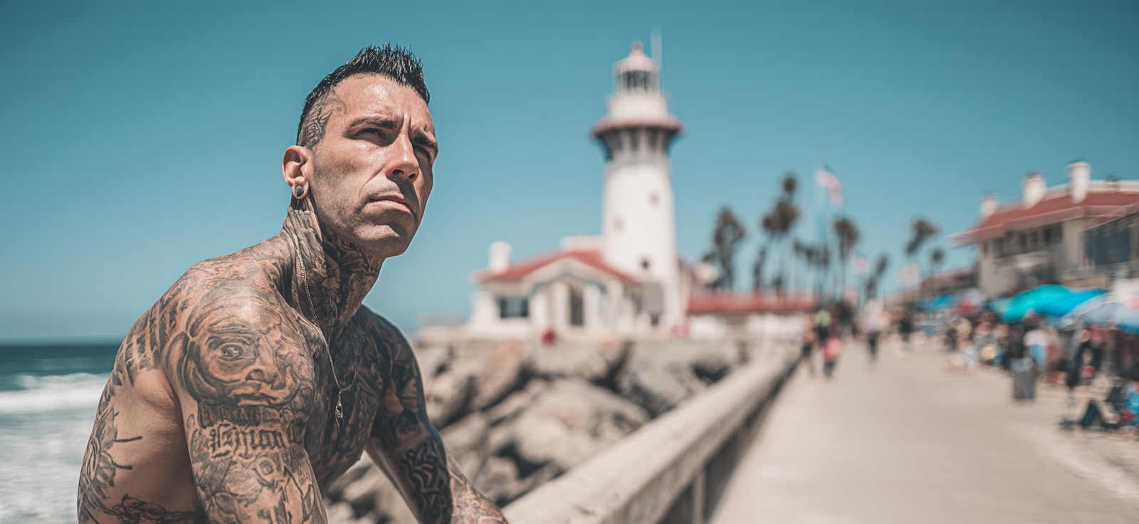 Mann Mit Tattoos Am Meer Mit Leuchtturm Im Hintergrund Sonniger Tag | Mode und Stil | Menschen und Emotionen