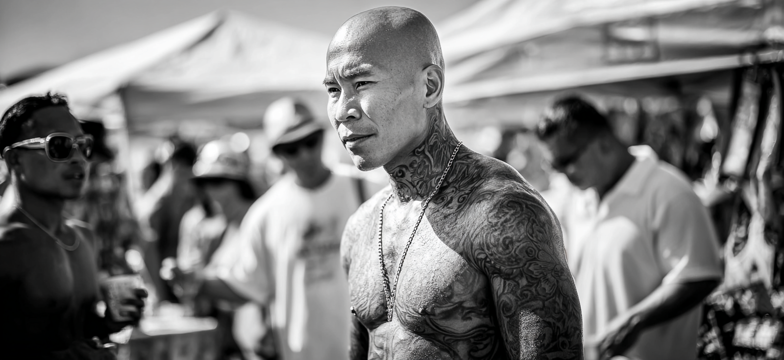 Mann Mit Tattoos Auf Dem Festival Mit Menschen Menge Schwarz Weiss | Mode und Stil | Menschen und Emotionen
