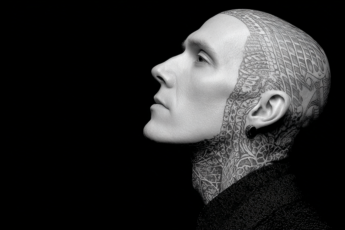 Monochrome Portrait Mit Intricate Tattoos Am Kopf Und Hals | Mode und Stil | Menschen und Emotionen