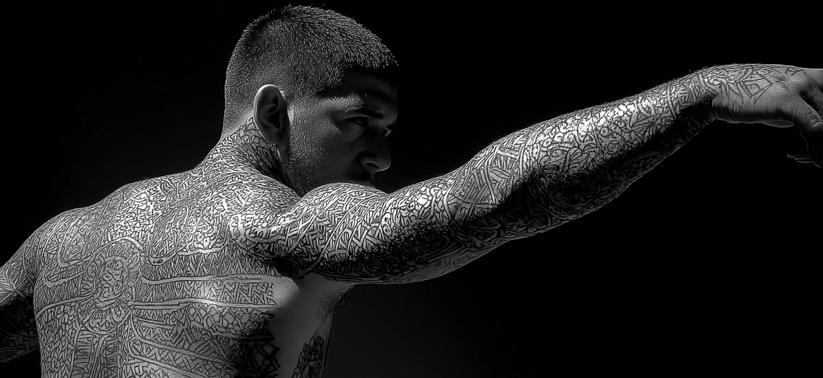 Musculose Person Mit Tattoos Vor Dunklem Hintergrund | Mode und Stil | Menschen und Emotionen