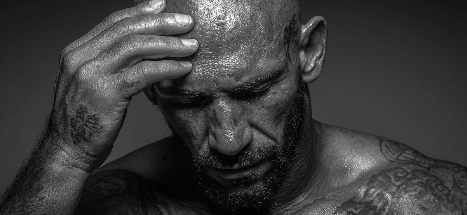 Musuloser Mann Hands On Forehead Nachdenklich Portrait Schwarz Weiss | Mode und Stil | Menschen und Emotionen