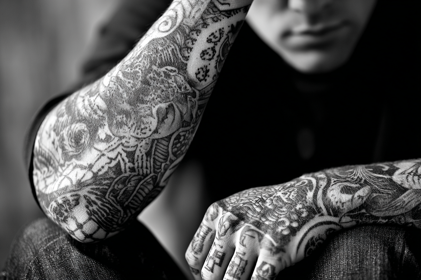 Nahaufnahme Von Tattoos An Armen Aus Schwarz Und Grau | Mode und Stil | Menschen und Emotionen
