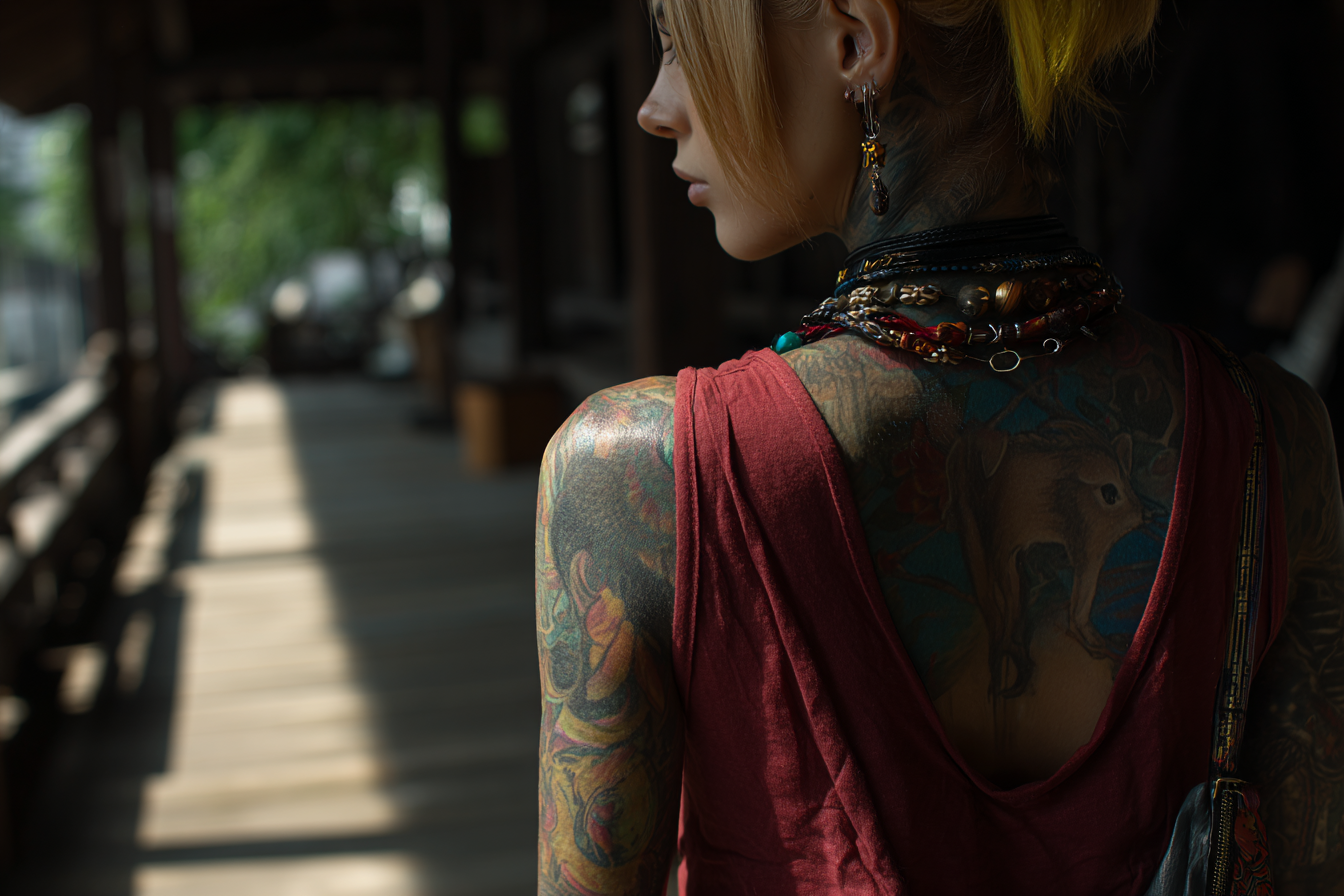Person Mit Tattoos Rotetop Holzstruktur Ausdrucksvoll | Mode und Stil | Menschen und Emotionen