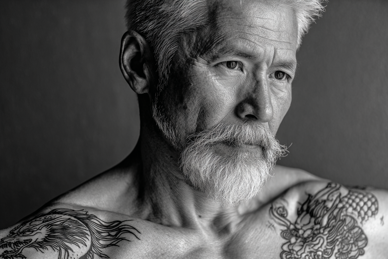 Reifer Mann Mit Tattoos Und Graüm Haar In Schwarz Und Weiss | Mode und Stil | Menschen und Emotionen
