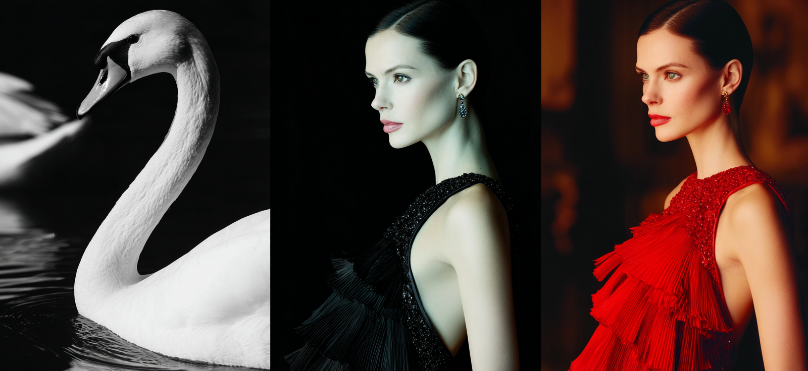 Schwan Und Fraün Portraits Triptich Mischung Von Natur Und Fashion | Mode und Stil | Menschen und Emotionen