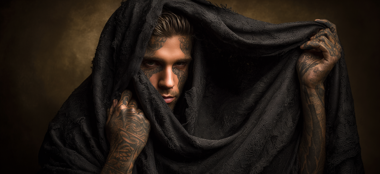 Schwarz Gemalter Mensch Mit Tattoo Kunst Und Kunstvollem Kleid Unter Dramatischem Licht | Mode und Stil | Menschen und Emotionen