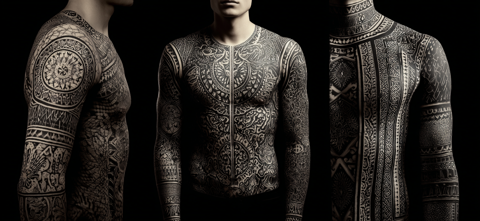 Tattoo Model Mit Intrikaten Korperschnitzereien Tribal Muster Auf Schwarzem Hintergrund | Mode und Stil | Menschen und Emotionen