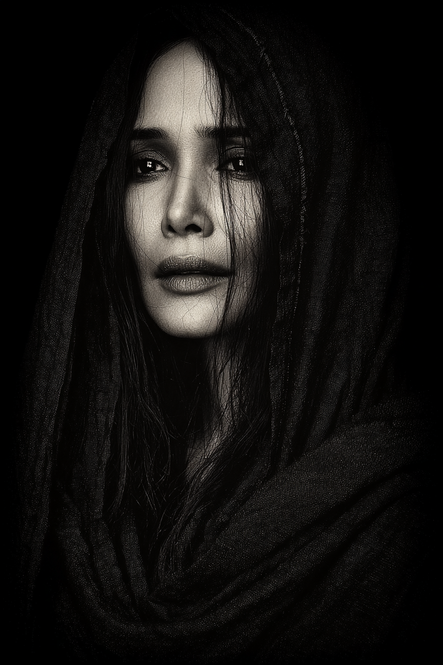 Black And White Portrait Der Person Mit Langem Hair In Dunkler Garderobe | Portraets | Menschen und Emotionen
