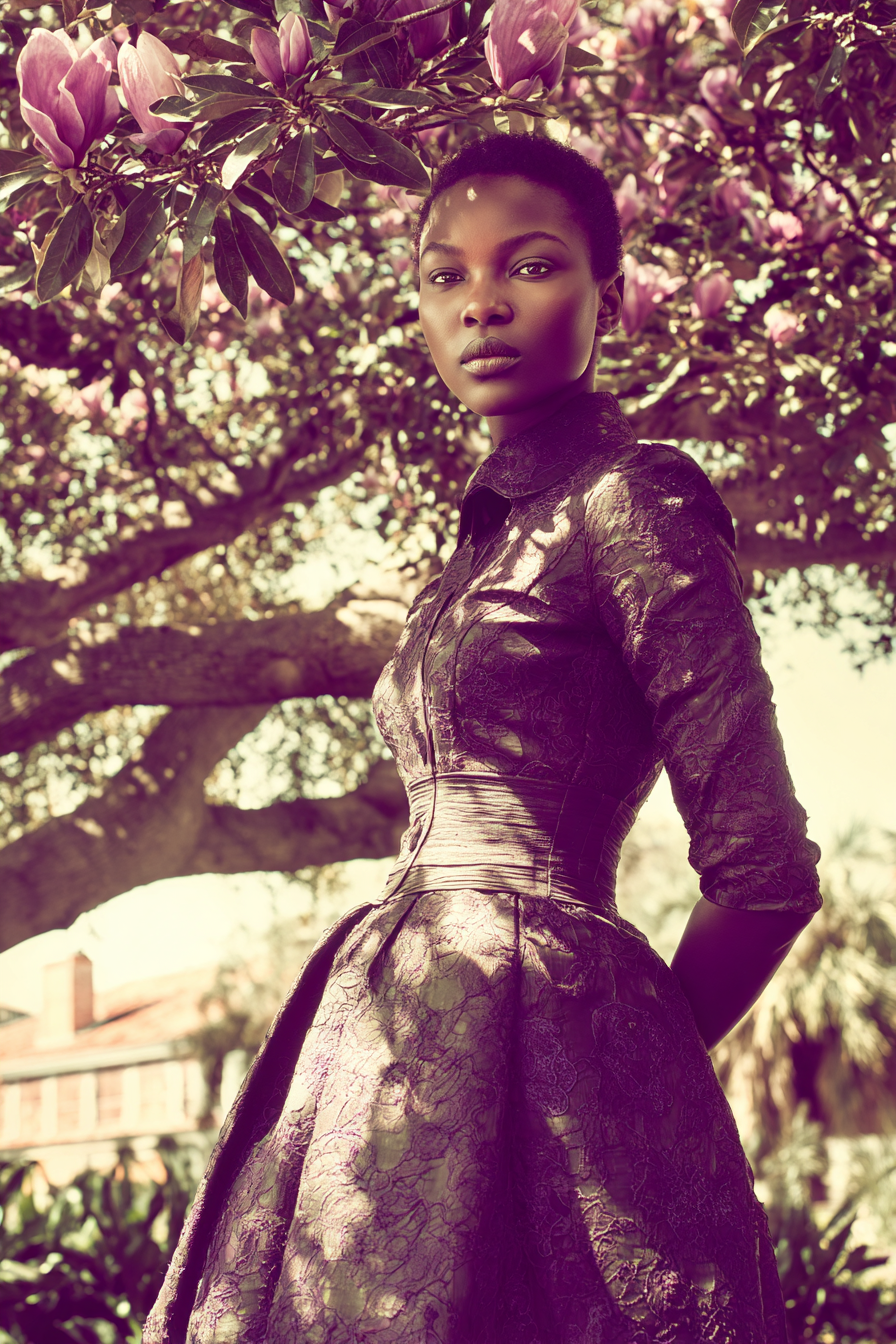Modell Unter Einem Baum Mit Magnolienblüten In Einem Modischen Kleid | Portraets | Menschen und Emotionen