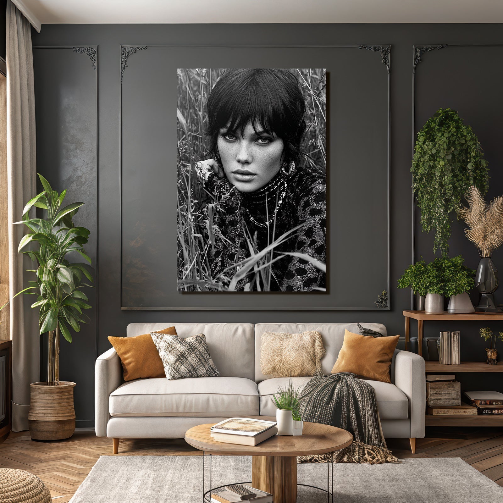 Monochrome Portrait Person In Grass Intense Gaze Stylish Clothing Bw